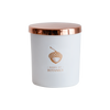 Cut-out image of Sensual candle. It is in a matte-white container with a copper acorn logo, below which is printed 'Born of Botanics'. It is topped with a shiny copper lid.