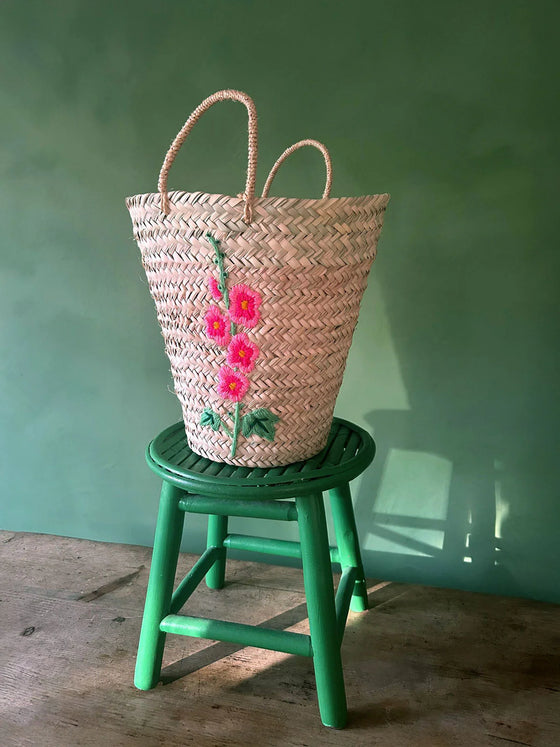 Hollyhock Basket hand embroidered