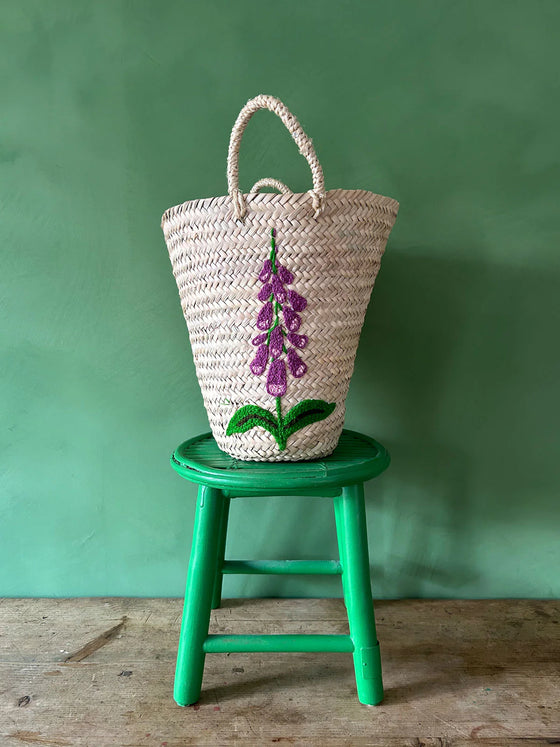 HAND EMBROIDERED BUCKET BASKET, FOXGLOVE