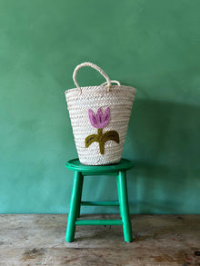  HAND EMBROIDERED BUCKET BASKET, TULIP