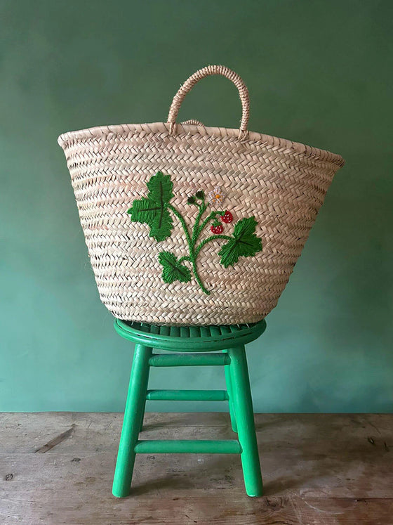 HAND EMBROIDERED MARKET BASKET, WILD STRAWBERRY