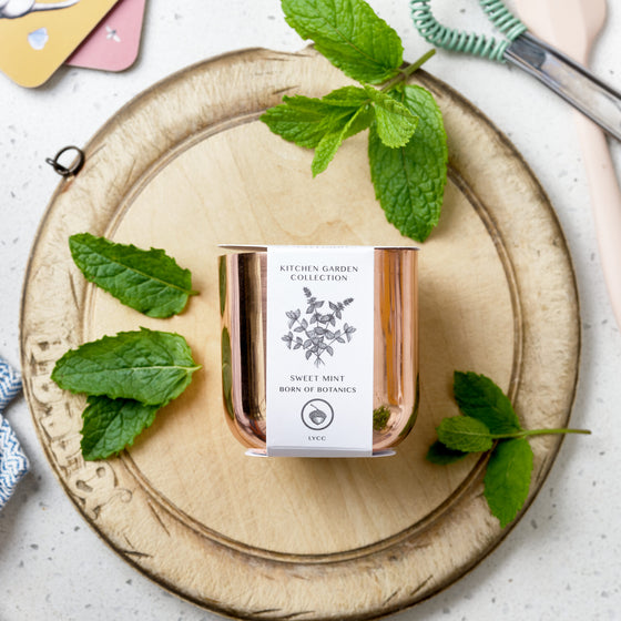 Sweet Mint in a copper tin, sitting on top of a chopping board with some cut herbs.
