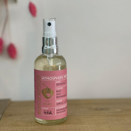 A clear glass spray bottle with a rose-pink label sits against a white background.