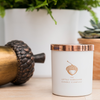 A matte-white container with a shiny copper lid sits on a wooden table surrounded by foliage and a large wooden acorn.