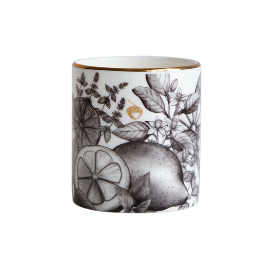 A cut out image of the Create candle in a Bone China container printed with a hand-drawn illustration of the plants used in the fragrance, including lemon, orange, and spearmint. Around the rim is a stripe of shiny 24k gold. 