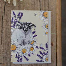 Card with a hand-drawn design of a Swaledale sheep, lavender, & chamomile.