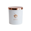 A cut-out image of the Bliss candle. The container is matte-white with a copper logo, underneath which is printed 'Born of Botanics'. The container has a shiny copper lid.